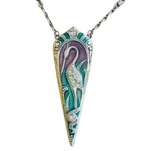Sweet Romance USA Enamel Egret Art Nouveau Necklace Silver Enamel Rhinestone 22"